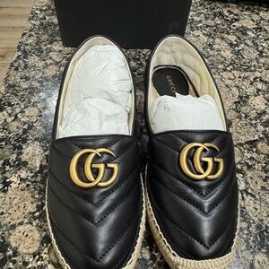 Gucci Black Quilted Leather Espadrilles with Gold GG